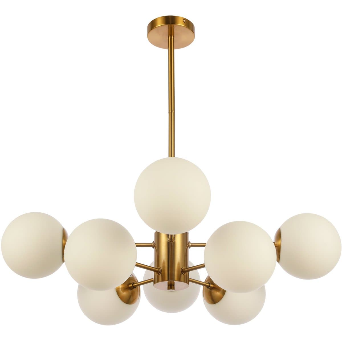 A ceiling-mounted light fixture featuring a central brass-toned body from which multiple arms extend, each supporting a spherical frosted glass shade. It is suspended by a brass stem and canopy. — 3D model