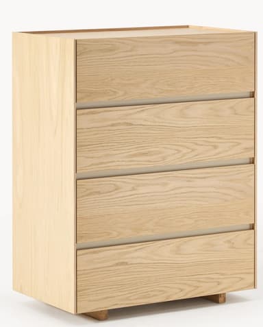 A modern, minimalist chest of drawers featuring four full-width, handle-less drawers, constructed from light-toned wood with a visible grain, resting on a recessed plinth base. — 3D model