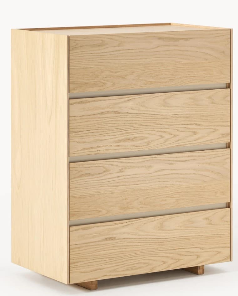 A modern, minimalist chest of drawers featuring four full-width, handle-less drawers, constructed from light-toned wood with a visible grain, resting on a recessed plinth base. — 3D model