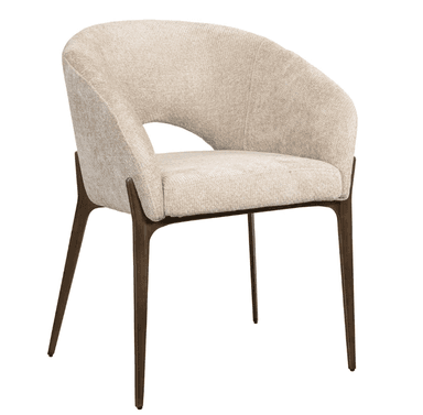 A contemporary armchair featuring a gently curved, barrel-style upholstered back and integrated armrests. The chair is covered in a light, textured fabric, likely a boucle or similar weave, in a cream or beige color. A distinctive crescent-shaped cut-out is visible on the lower backrest. It is supported by four slender, tapered wooden legs with a dark, possibly espresso, finish. — 3D model