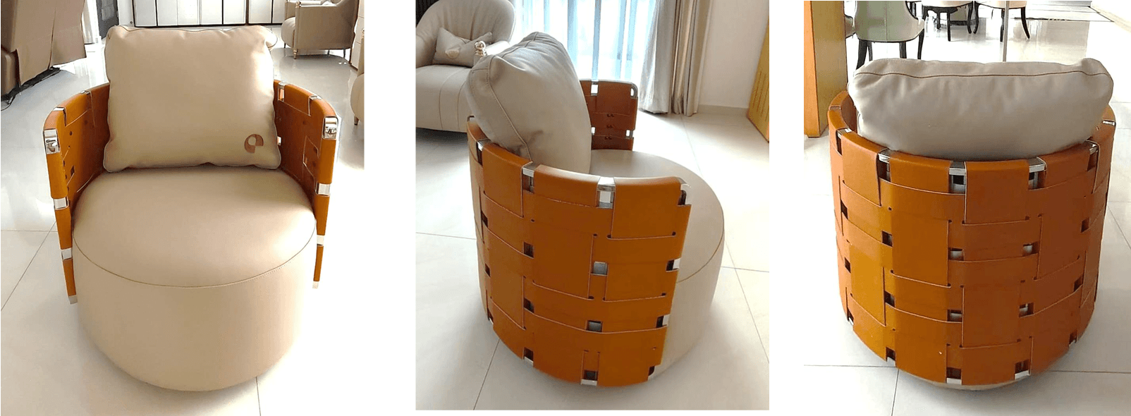 A contemporary armchair featuring a distinctive barrel-shaped design. The exterior is constructed from wide strips of tan woven leather, secured by metal connectors, forming a structural frame. The interior comprises a generously padded, rounded seat and a loose back cushion, both upholstered in a smooth, light beige fabric. The chair appears to be a single-seater, suitable for lounging. — 3D model