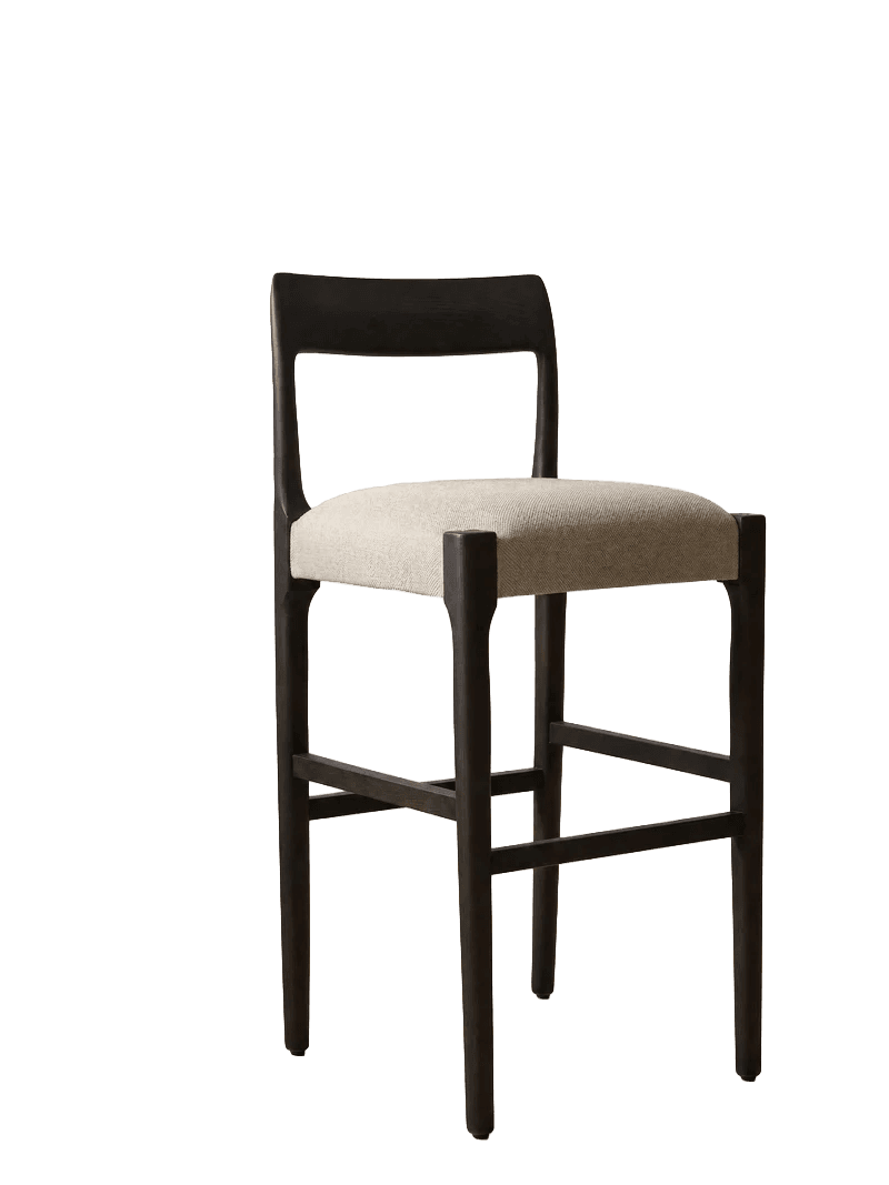 A contemporary bar stool featuring a dark-stained wooden frame and a light-colored upholstered seat. The design includes a supportive backrest with an open rectangular shape and integrated footrests on all four sides. — 3D model