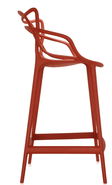 A high-backed bar stool with integrated armrests, made from a single molded piece of polymer in a terracotta color. It features an intricate, organic, and sculptural design for the backrest and arms, and stands on four tapered legs with a rectangular footrest. — 3D model