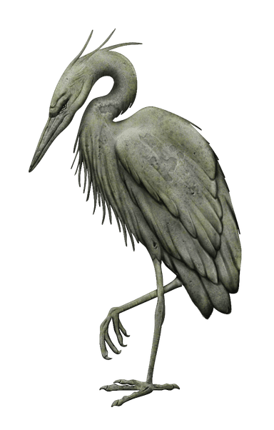 A detailed sculpture depicting a heron in a one-legged, contemplative pose. The object is crafted from a stone-like material, possibly concrete or cast stone, and features a weathered, mossy green finish, giving it an aged appearance. The bird's plumage, slender legs, and elongated beak are rendered with naturalistic detail. — 3D model