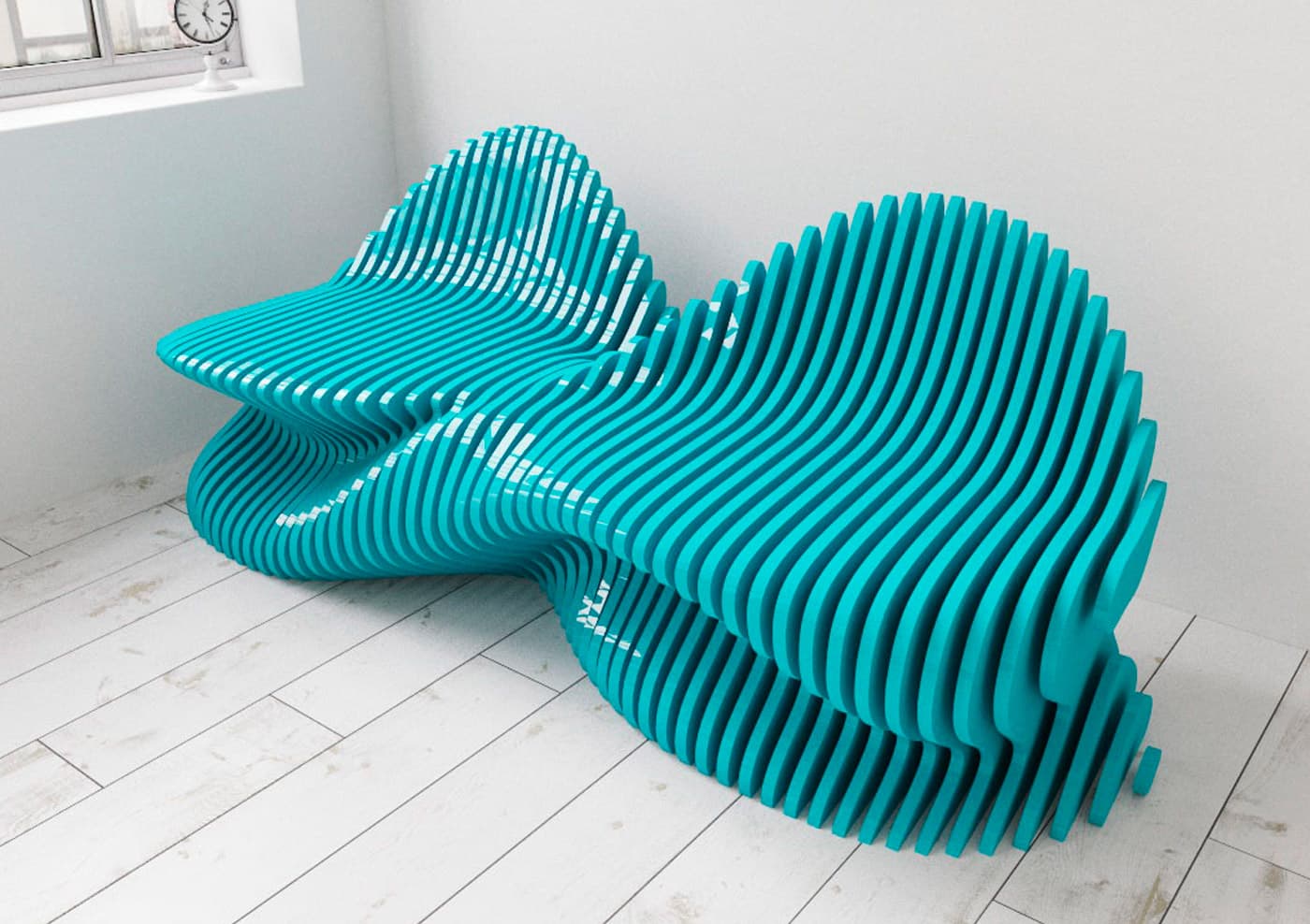 A highly sculptural bench featuring an undulating, wave-like form constructed from numerous parallel, horizontal slats. The bench is finished in a vibrant, high-gloss aqua color, creating a striking contemporary aesthetic. Its organic shape provides multiple seating surfaces, and its structure suggests a robust material like lacquered wood or composite. — 3D model