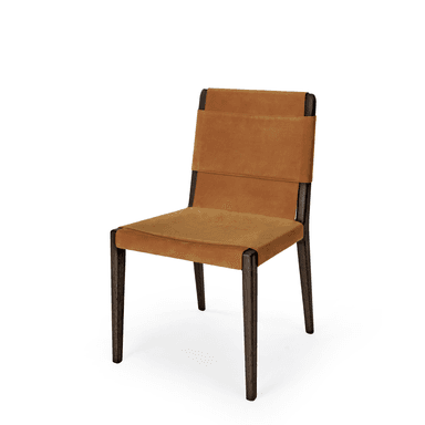 A modern dining chair with a wooden frame and upholstered seat and backrest. The frame consists of four dark stained wooden legs and a visible wooden structure supporting the seat and backrest. The seat and backrest are upholstered with a tan-colored, textured material that appears to be suede or a similar soft leather. The upholstery is designed as a continuous band wrapped around the frame, with visible stitching lines. The chair has a minimalist design with clean lines and a contemporary aesthetic. — 3D model