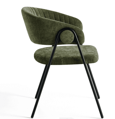 A modern accent chair featuring a curved backrest and seat upholstered in a textured green fabric. The chair has a metal frame with four slender legs in a matte black finish. The backrest exhibits vertical channel tufting. — 3D model