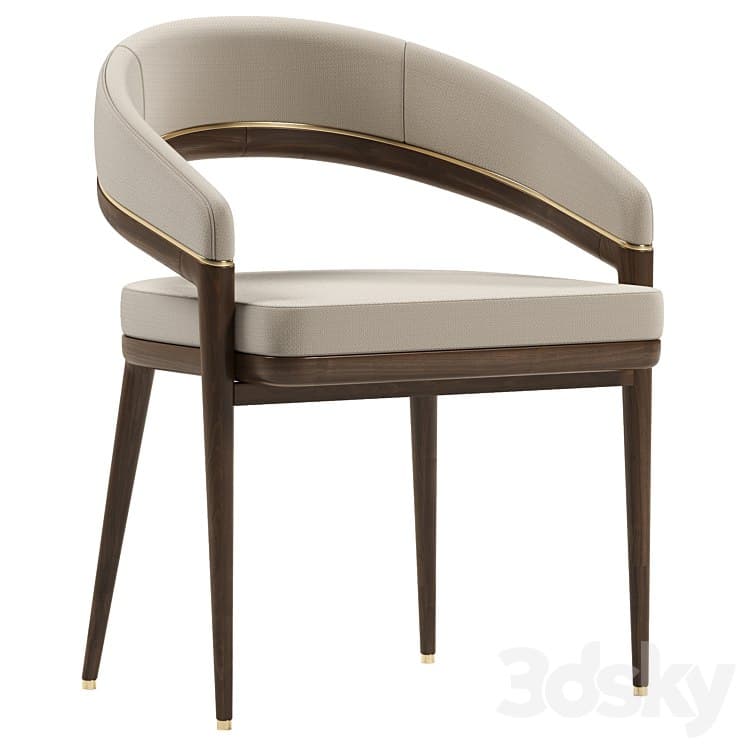 A modern armchair with a curved backrest and upholstered seat and back. The frame is made of dark wood with elegant gold accents along the top edge of the backrest and armrests. The legs are also dark wood, tapering downwards, and capped with small brass ferrules. — 3D model
