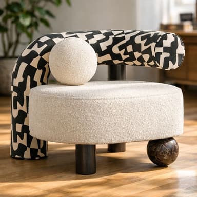 A contemporary accent chair featuring a rounded seat upholstered in light-toned bouclé fabric. The backrest is a prominent, thick, tubular arc, upholstered in a striking black and beige abstract geometric pattern. The chair is supported by dark, cylindrical legs, with one visible spherical leg crafted from dark marbled material. A matching spherical bouclé cushion rests on the seat. — 3D model