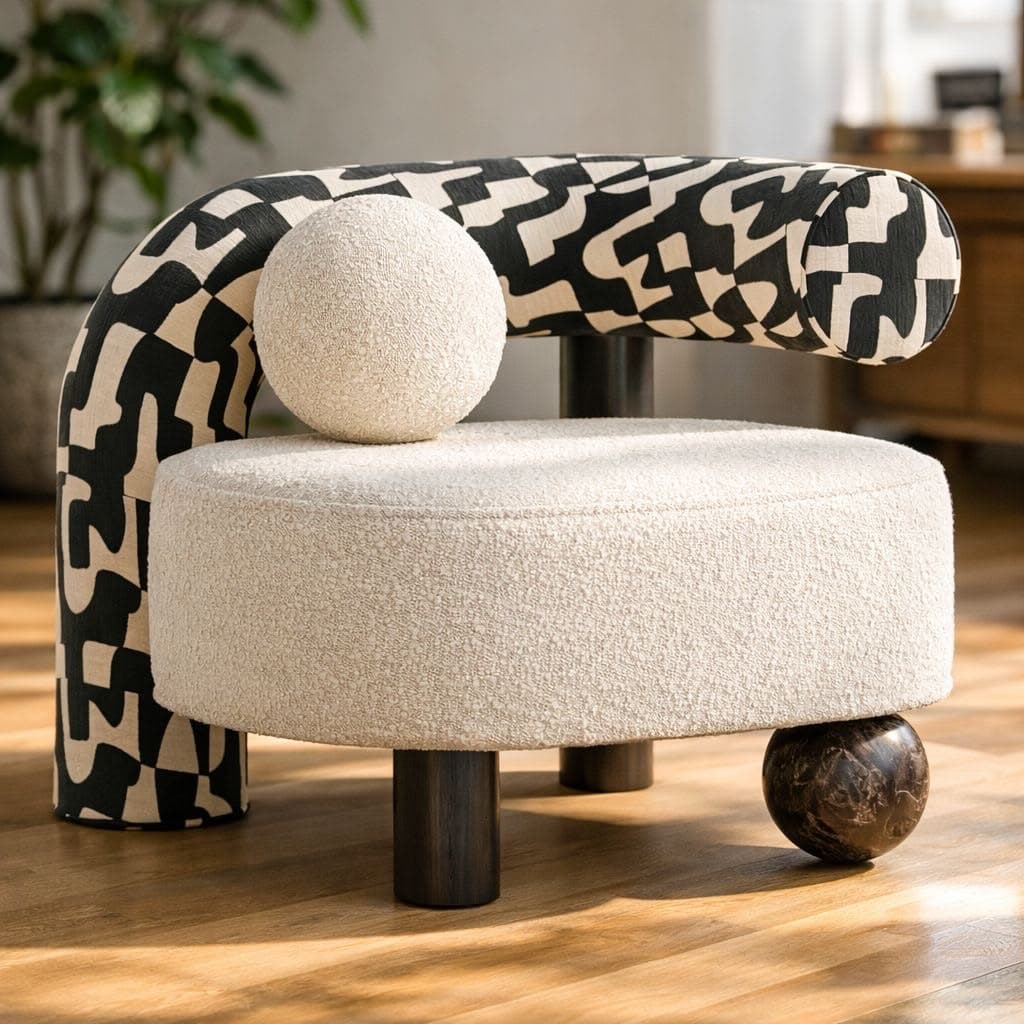 A contemporary accent chair featuring a rounded seat upholstered in light-toned bouclé fabric. The backrest is a prominent, thick, tubular arc, upholstered in a striking black and beige abstract geometric pattern. The chair is supported by dark, cylindrical legs, with one visible spherical leg crafted from dark marbled material. A matching spherical bouclé cushion rests on the seat. — 3D model