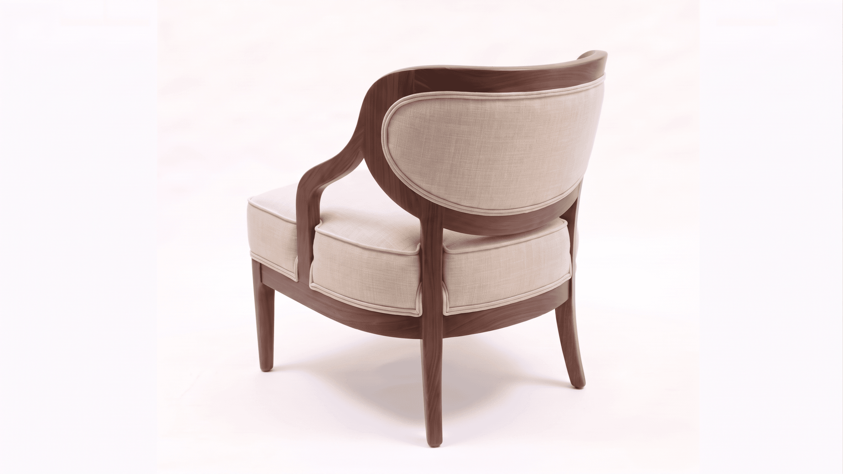 A single upholstered lounge chair featuring a prominent, curved wooden frame and light-colored fabric cushions. The dark, warm-toned wood forms a continuous backrest and armrests, embracing the padded seat and back. The chair stands on tapered wooden legs. — 3D model