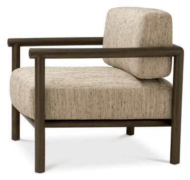 A contemporary armchair featuring a wooden frame and upholstered seat and back cushions. The frame has a minimalist design with clean lines, and the arms are formed by horizontal wooden beams connecting to the vertical legs and back supports. The upholstery appears to be a textured fabric in a neutral tone. — 3D model