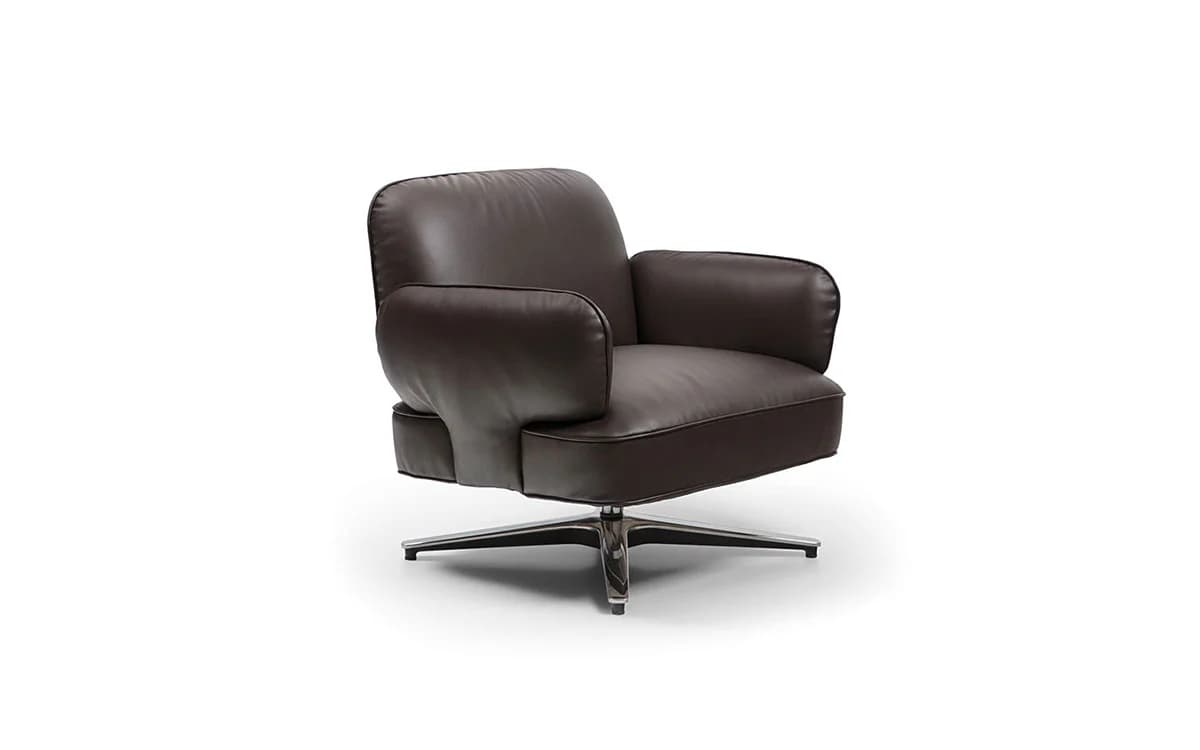 A modern swivel lounge chair upholstered in dark brown leather. The chair features a compact, rounded form with generously padded armrests and backrest, all finished with distinct piping along the seams. It sits on a polished chrome or aluminum four-star swivel base. — 3D model