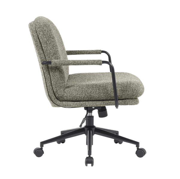 A contemporary upholstered office chair featuring a textured light green fabric, black metal armrests, and a black five-star caster base with height adjustment. — 3D model