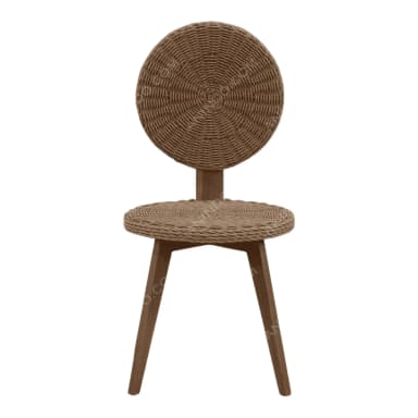 An armless side chair featuring a circular backrest and seat, both meticulously crafted from tightly woven natural rope or jute. The chair is supported by four tapered, splayed wooden legs, likely in a medium brown finish. Its design emphasizes natural textures and a modern, minimalist form. — 3D model