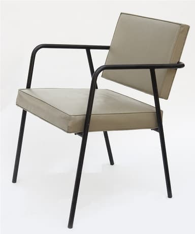 A mid-century modern armchair with a white tubular metal frame and upholstered seat and backrest in a teal-colored fabric. The armchair features a streamlined design with a slightly reclined back and integrated armrests. The legs are also made of white tubular metal and terminate in small, round feet. — 3D model