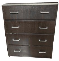 A tall, narrow chest of drawers featuring a dark brown wood-grain laminate finish, a contrasting light gray top surface, and four drawers each equipped with a silver-toned metal bar pull handle. The design is clean and contemporary with a simple silhouette and a recessed toe kick. — 3D model