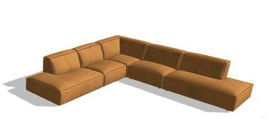 A modern, L-shaped modular sectional sofa, upholstered in a tan or camel-colored faux leather, featuring clean lines and visible contrast stitching. The sofa is composed of several block-like units, including a corner piece and a chaise or extended segment, creating a versatile seating arrangement. — 3D model