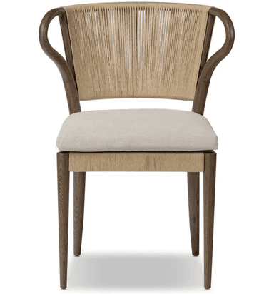 A dining chair with a wooden frame. The backrest is constructed from tightly woven rope or cord in a vertical pattern, extending from the seat base to the curved top of the backrest. The seat is cushioned and upholstered in a textured fabric. The chair has four wooden legs, with the front legs being straight and the back legs tapering slightly. The armrests are integrated into the wooden frame and curve upwards. — 3D model