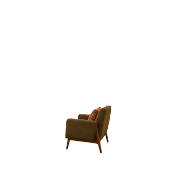 A modern upholstered armchair featuring an olive green fabric, straight arms, and splayed wooden tapered legs. It includes a decorative accent pillow with an orange paisley pattern. — 3D model