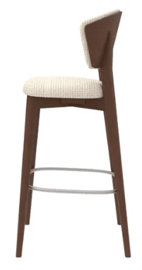 A wooden bar stool with a padded seat and backrest. The stool has four legs, connected by a metal footrest ring. The upholstery is a textured fabric in a light neutral color. — 3D model