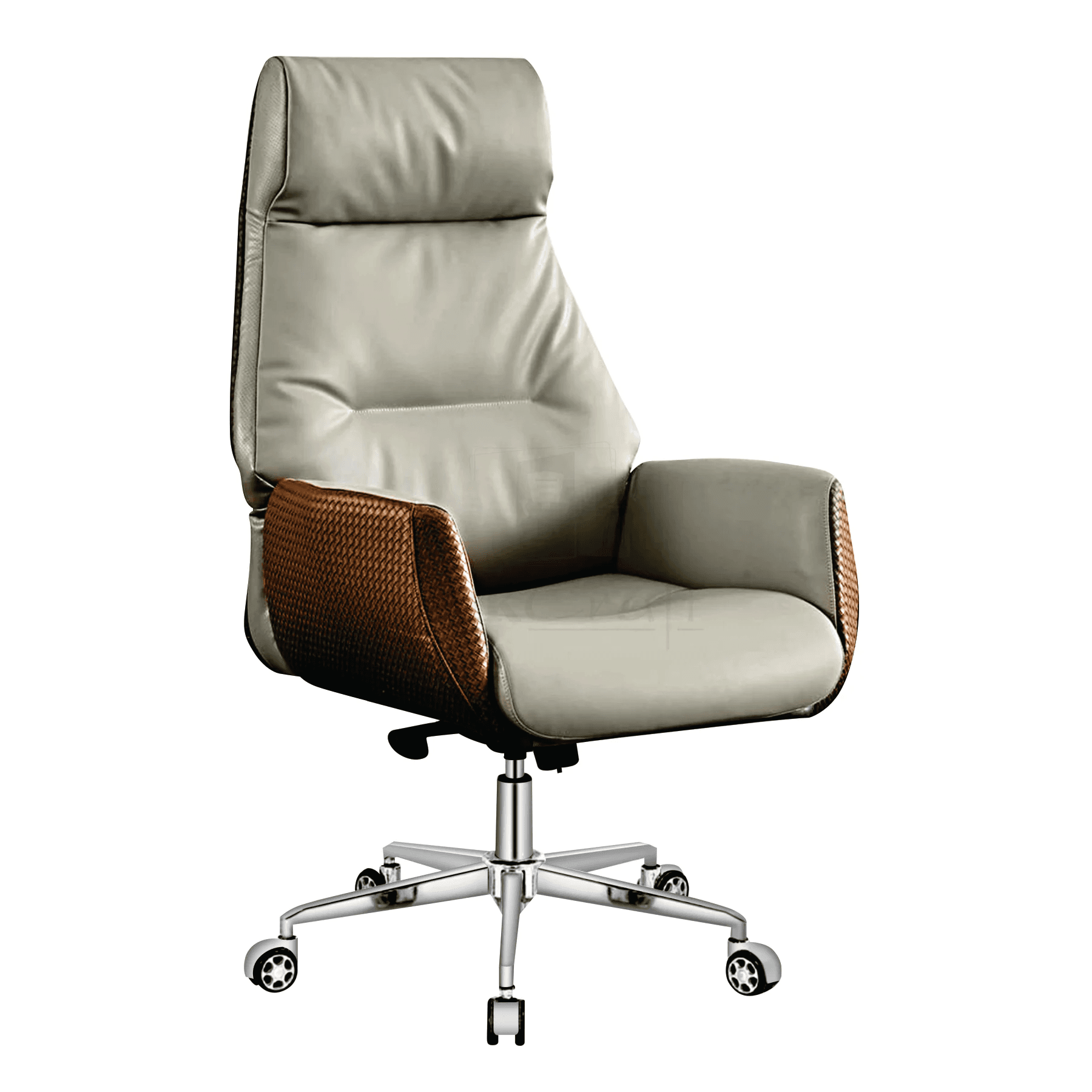 A high-back office chair with a cushioned seat and backrest, featuring a silver metal five-star base with casters. The armrests and the sides of the backrest are accented with a woven, textured material in a brown hue, contrasting with the smooth, light gray upholstery of the main seating surfaces. The chair appears to be designed for ergonomic support and mobility within an office environment. — 3D model