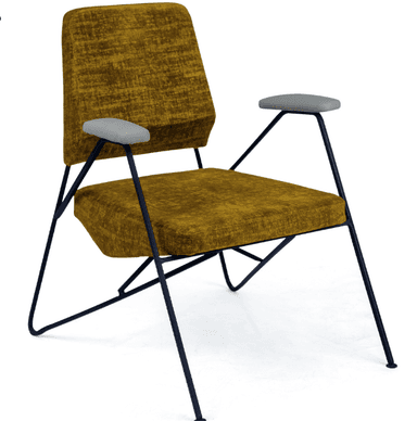 A contemporary armchair featuring a dark-finished tubular metal frame, upholstered seat and backrest in textured mustard yellow fabric, and light gray padded armrests. — 3D model