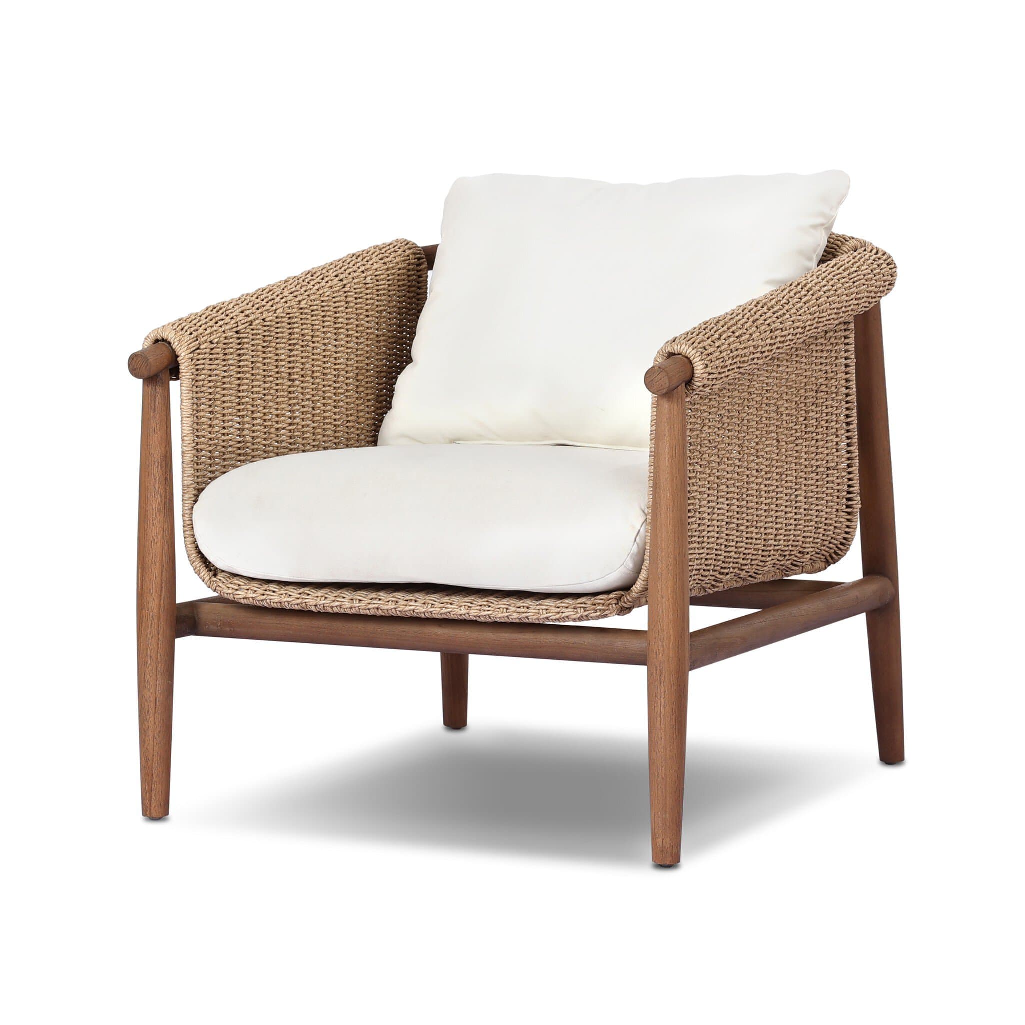 A contemporary lounge chair featuring a sturdy wooden frame and tightly woven natural-colored rope forming the back and armrests. It includes thick, light-toned seat and back cushions for comfort. — 3D model
