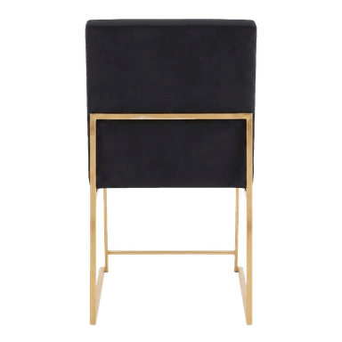 A contemporary armless dining chair featuring a tall, rectangular backrest and a matching rectangular seat, both upholstered in plush black velvet. The chair is supported by a sleek, geometric frame constructed from polished gold-finished metal, which forms the legs and provides a decorative horizontal bar across the lower back. The design emphasizes clean lines and a luxurious material contrast. — 3D model