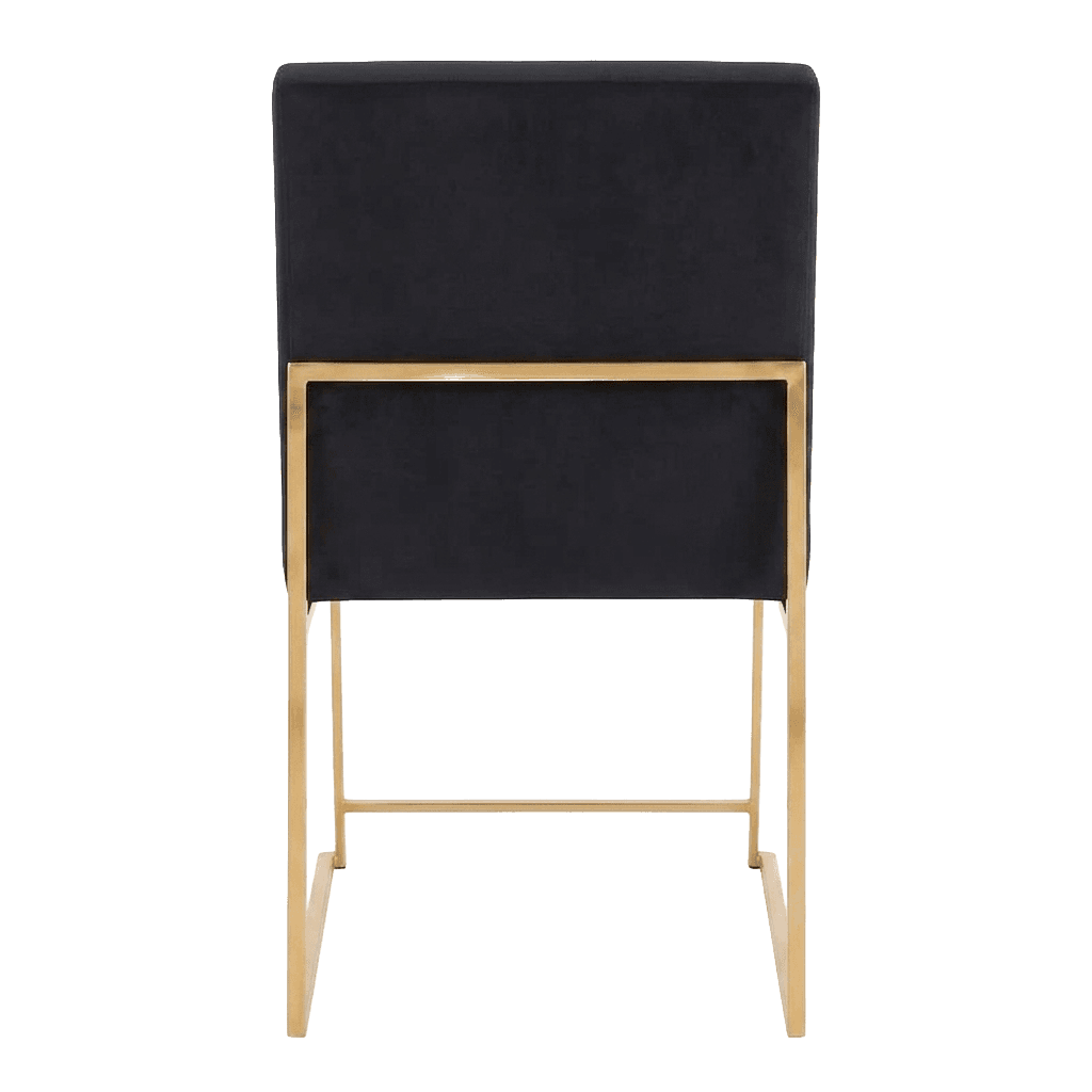 A contemporary armless dining chair featuring a tall, rectangular backrest and a matching rectangular seat, both upholstered in plush black velvet. The chair is supported by a sleek, geometric frame constructed from polished gold-finished metal, which forms the legs and provides a decorative horizontal bar across the lower back. The design emphasizes clean lines and a luxurious material contrast. — 3D model