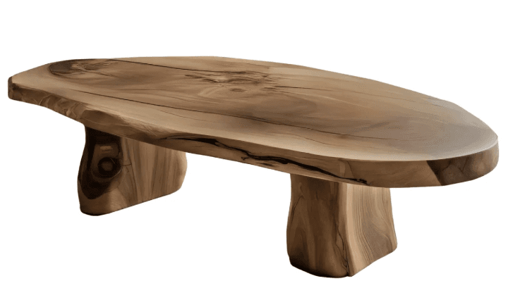 A uniquely shaped coffee table crafted from a single slab of wood. The tabletop features a live edge, retaining the natural contour of the tree. It is supported by two organically shaped, carved wooden legs. The wood grain is prominent, displaying natural variations, knots, and fissures. — 3D model
