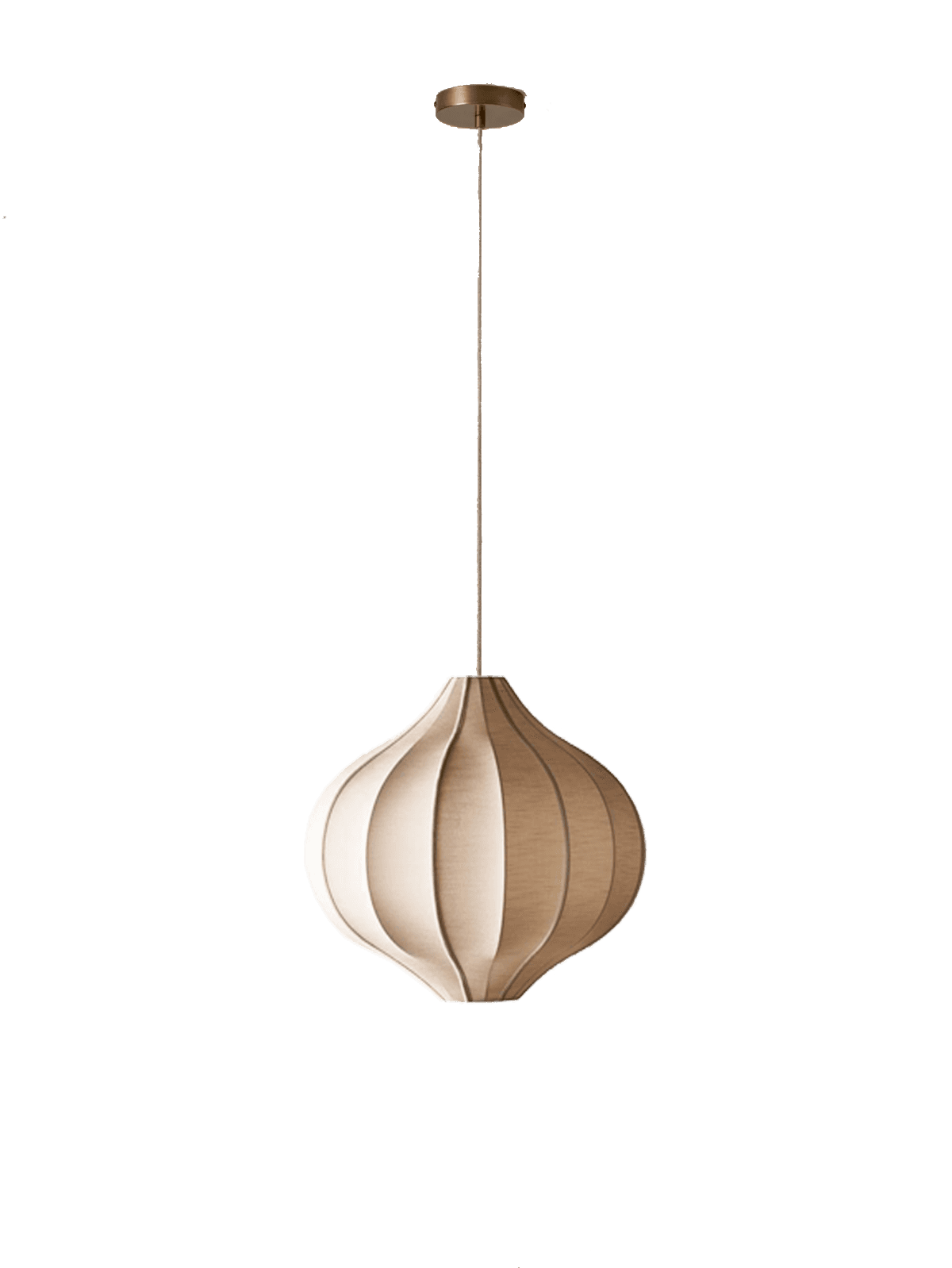 A pendant light with a bulbous, segmented shade suspended by a thin cord from a circular ceiling mount. The shade has a ribbed texture, creating a series of vertical panels. — 3D model