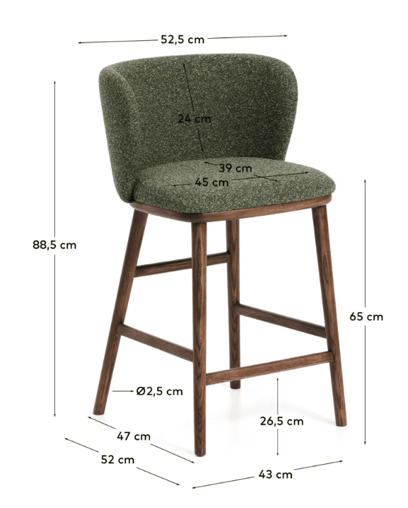 A bar stool with a curved, upholstered backrest and seat, supported by four wooden legs connected by a footrest. The stool features a textured, greenish-brown fabric for the seating and backrest, and a dark wood finish for the frame. — 3D model