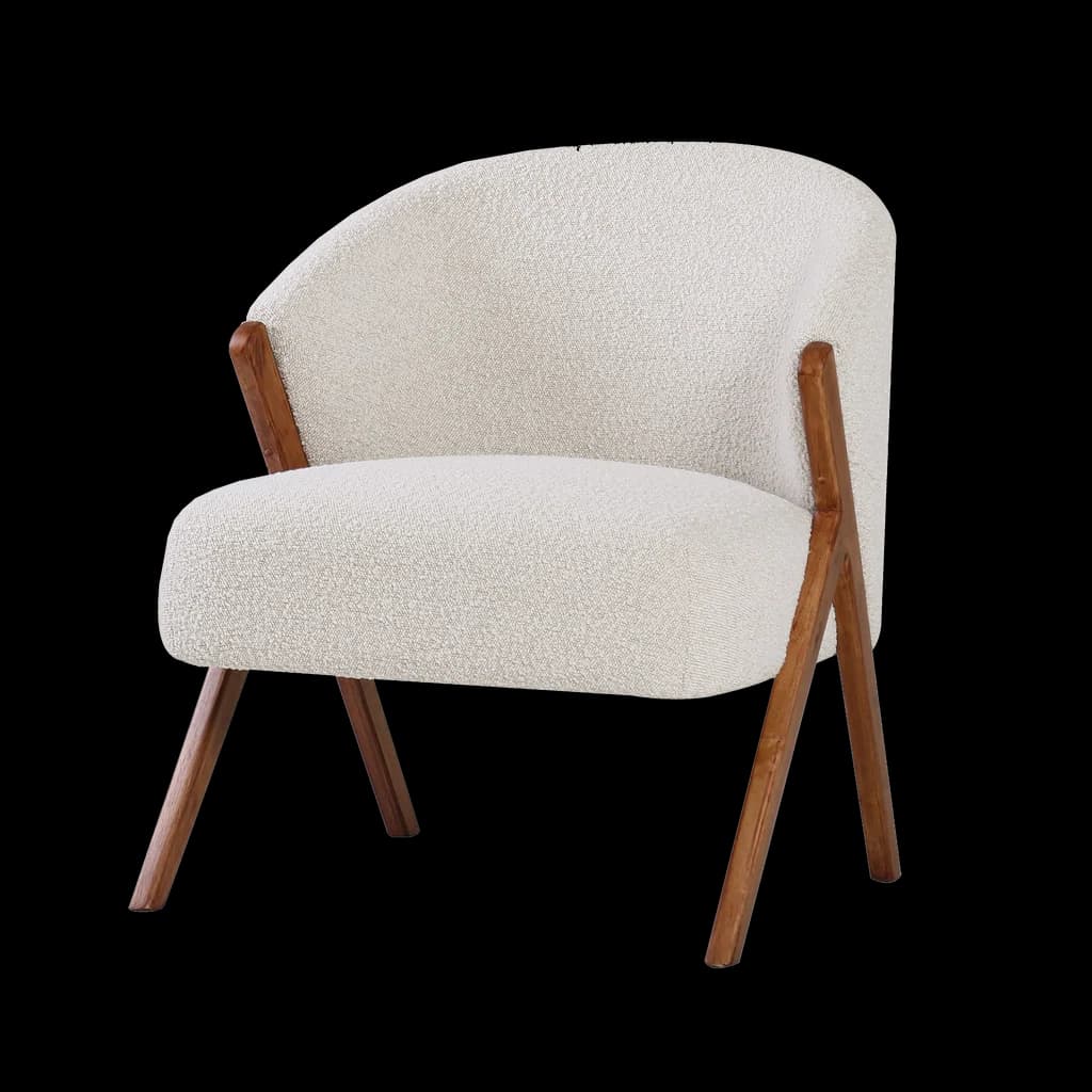 An off-white bouclé upholstered accent armchair featuring a rounded backrest and seat, supported by a distinct exposed solid wood frame that also forms the armrests and tapered legs. The design is contemporary, emphasizing soft textures and natural wood elements. — 3D model