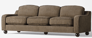 A close-up view of a sofa with a striped upholstery fabric. The sofa features plump cushions, rounded armrests, and short, spherical black legs. The fabric has a ribbed texture with vertical stripes in alternating shades of gold and black. — 3D model