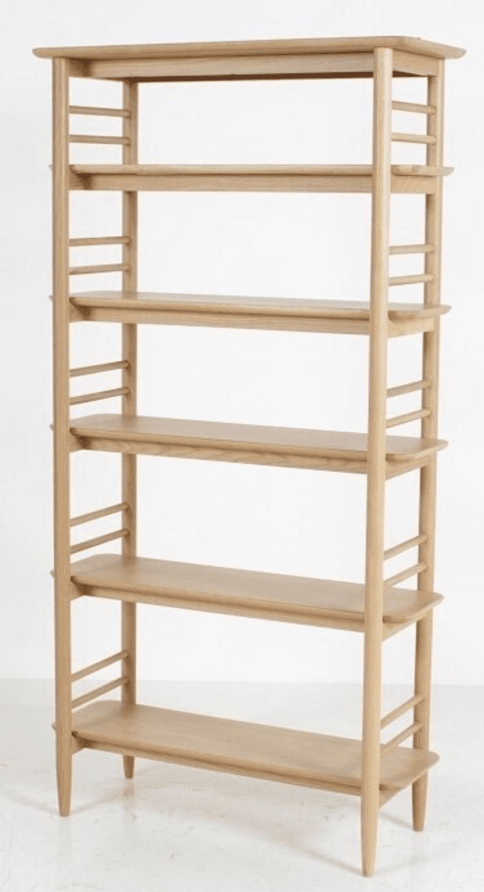 A tall, open-backed bookshelf constructed from light-colored wood. It features five horizontal shelves of increasing width from top to bottom, supported by vertical posts. The side supports have a decorative element consisting of horizontal bars. — 3D model