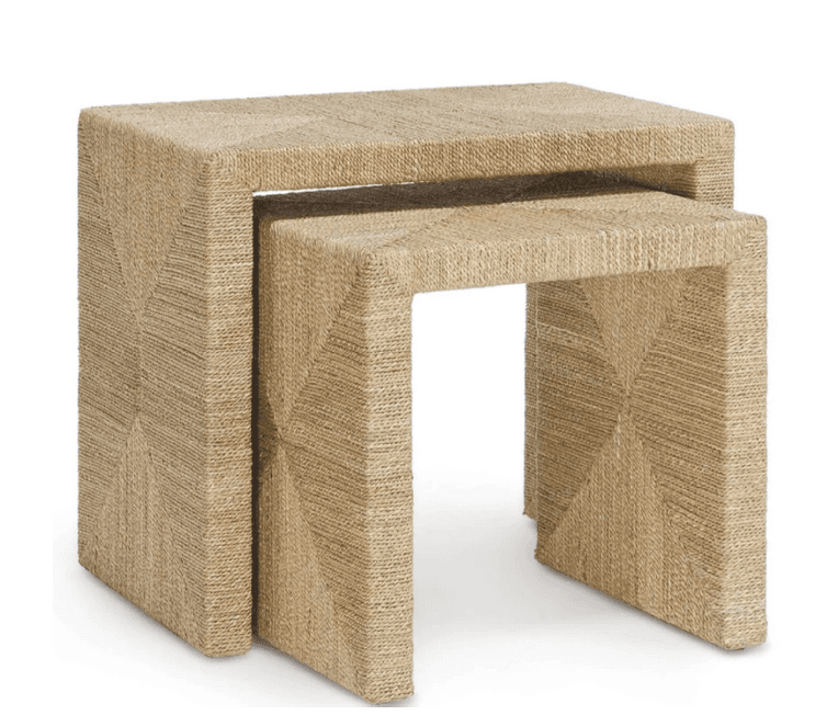 A set of two rectangular nesting tables, entirely wrapped in natural jute rope. The tables are designed to fit one inside the other, allowing for compact storage or flexible arrangement. The rope wrapping creates a textured surface with a subtle geometric pattern, particularly visible on the outer faces where the rope direction changes to form squares and triangles. — 3D model