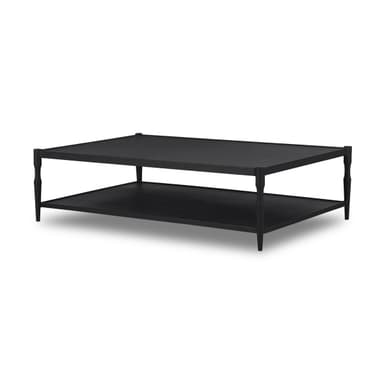 A rectangular coffee table with two tiers. The table features a minimalist design with clean lines and a matte black finish. The legs have a slightly tapered and turned profile, and the overall structure appears to be made of a solid material. — 3D model