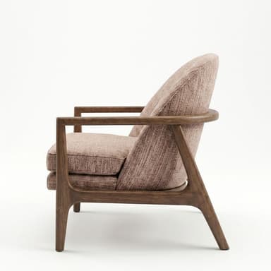 A contemporary lounge chair featuring an exposed dark wood frame and upholstered cushions. The frame has a sleek, sculptural quality with rounded edges and tapered legs. The backrest is gently curved, and the armrests seamlessly connect to the back and front legs. The upholstery is a textured light brown or taupe fabric, covering the seat and back cushions which appear to be removable. — 3D model