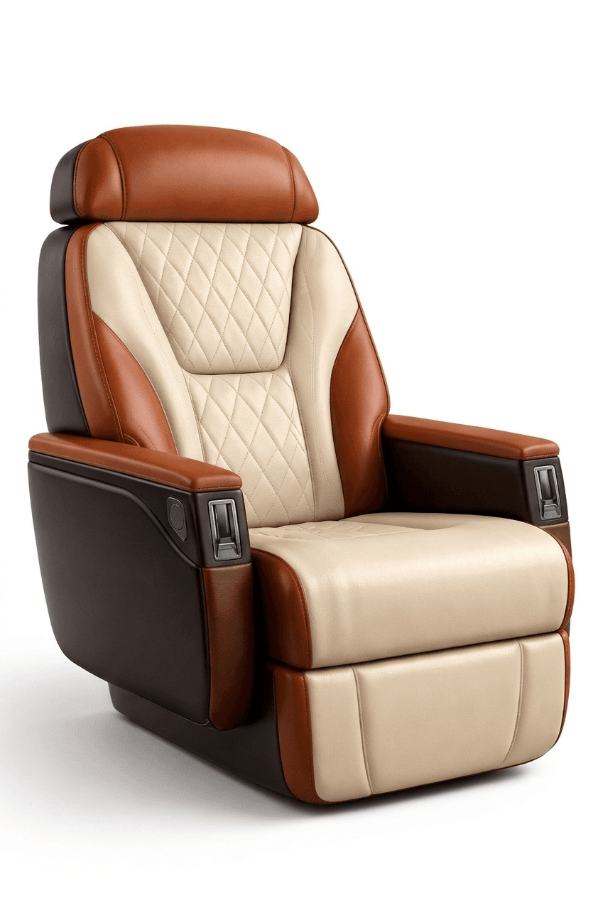 A luxurious recliner chair with a high back and integrated headrest. The chair features a diamond-stitched pattern on the central backrest and seat cushion. It has padded armrests and a multi-toned upholstery design. The base of the chair appears to be extended, suggesting a reclined or footrest functionality. Small metallic accents are visible on the sides of the armrests. — 3D model