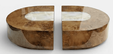A set of two semi-circular, low-profile coffee tables featuring a highly polished burled wood veneer finish and contrasting light-colored, possibly onyx or marble, inset tops. The tables are designed to be used individually or combined to form a larger, rounded coffee table. — 3D model