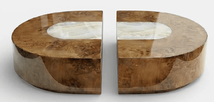 A set of two semi-circular, low-profile coffee tables featuring a highly polished burled wood veneer finish and contrasting light-colored, possibly onyx or marble, inset tops. The tables are designed to be used individually or combined to form a larger, rounded coffee table. — 3D model