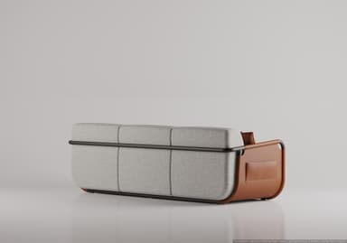 A three-seat sofa with a light gray textured fabric upholstery. The sofa features curved, rounded arms and base with a brown leather accent. It is adorned with decorative throw pillows: two square pillows with a geometric pattern in yellow, brown, and white, and one rectangular brown leather pillow. — 3D model