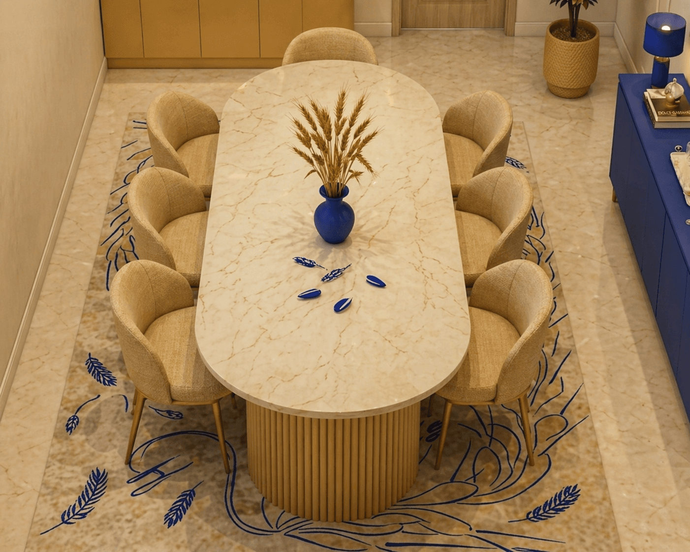 A modern coffee table with an oval-shaped top and two cylindrical bases. The tabletop has a marble-like pattern in beige and light brown. The bases are fluted, resembling vertical wooden dowels or tubes, and have a matte beige finish. — 3D model