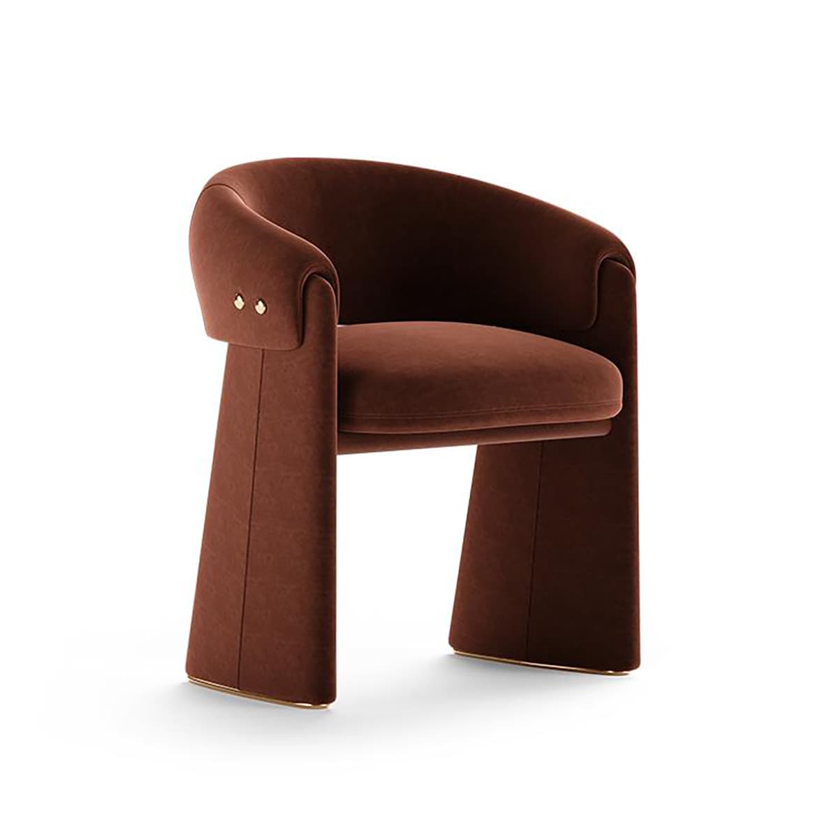 An elegant contemporary armchair featuring a distinctive barrel back and integrated armrests, upholstered in a rich terracotta-toned velvet-like fabric. The chair sits on broad, flared legs that are part of the main upholstered structure, accented with a subtle gold trim along the bottom edge. Two decorative brass studs are positioned on each side where the armrest transitions into the back. — 3D model