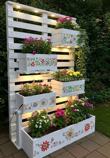 A freestanding, tall, vertical garden structure crafted from white-painted wooden pallets. It features multiple tiered planter boxes, each adorned with colorful, hand-painted floral patterns. Integrated LED lights are strategically placed beneath each planter, illuminating the plants and adding an ambient glow. The unit is designed to hold various potted flowering plants and trailing greenery. — 3D model