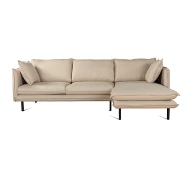 A modern sectional sofa with an integrated chaise lounge, upholstered in a light beige textured fabric, supported by slender black metal legs. — 3D model