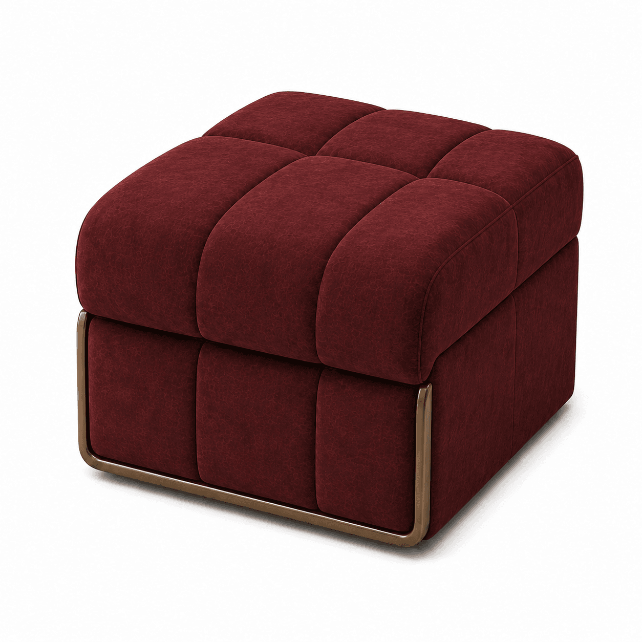 A square, channel-tufted ottoman upholstered in deep red velvet or chenille, featuring a contemporary design with a metallic brass-finish base frame. — 3D model