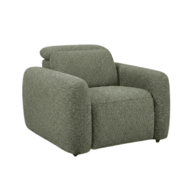 A single-seater armchair with a recliner mechanism, featuring a rounded, plush design and a textured fabric upholstery. The backrest appears adjustable, and the overall aesthetic is modern and comfortable. — 3D model