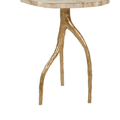A small, round accent table with a top that resembles a cross-section of a petrified wood log. The base consists of three organically shaped, branch-like legs made of metal. — 3D model